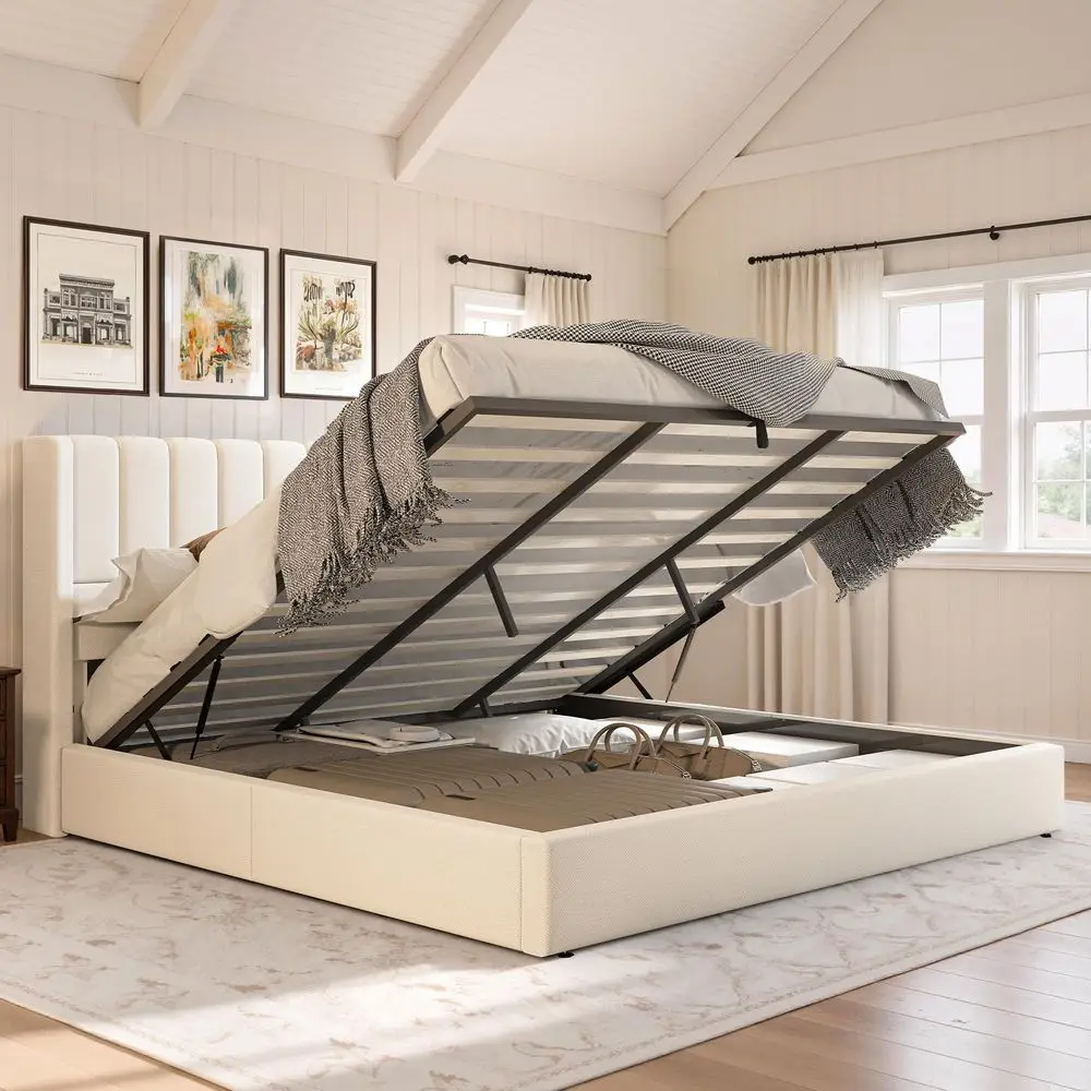 

King Size Lift Up Storage Bed Frame, Linen Upholstered Platform Bed with Vertical Channel Tufted Headboard and Wingback, Hydrau
