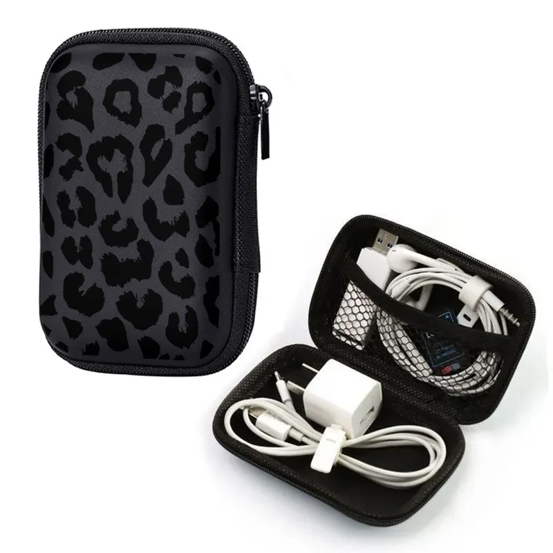 Black Leopard Print EVA Hard Shell Electronics Organizer Shockproof Portable Cable Organizer Bag for Earphone Charger Data Cable view 5