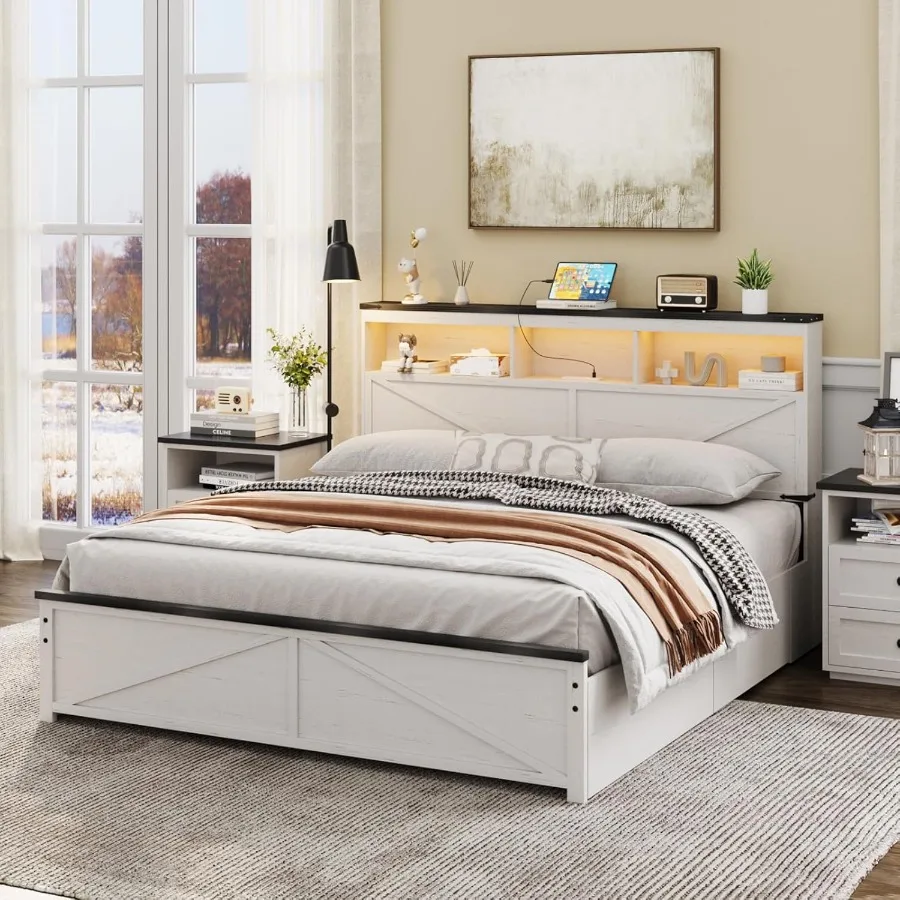 إطار سرير كامل الحجم للمزرعة مع 48 لوح رأسي للتخزين طويل القامة، منصة خشبية لغرفة النوم، إطار سرير بدون صندوق زنبركي، 4 أدراج تخزين