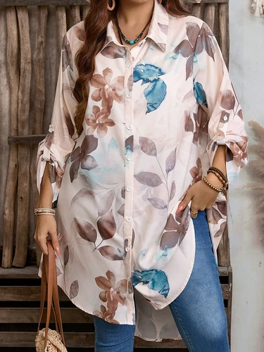 Imagen 2 del producto Camisa de talla grande con botones y manga larga para mujer, estampado de acuarela floral pastel, ropa informal bohemia y de playa