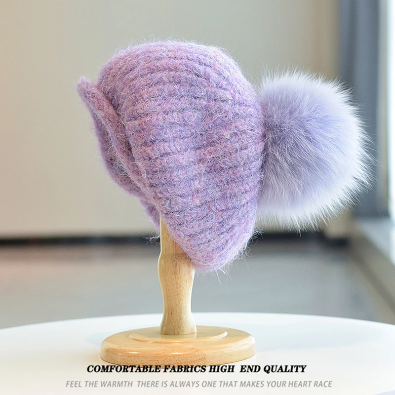 

Beret Women Winter Hat Wool Knit Pompom Of Real Fox Fur Warm Accessory For Autumn Cold Weather Skiing Outdoor Luxury