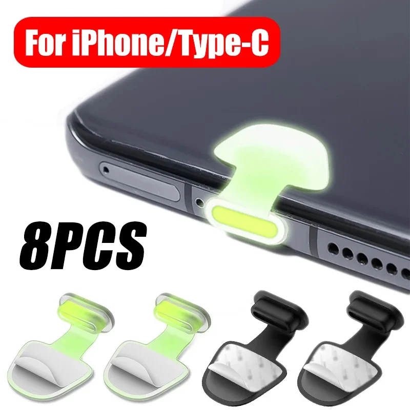 Luminous Dust Plug Lossproof Charging Port Dustplugs for iPhone Samsung Xiaomi iPad Tablet IOS Type C Silicone Dustplug Cap