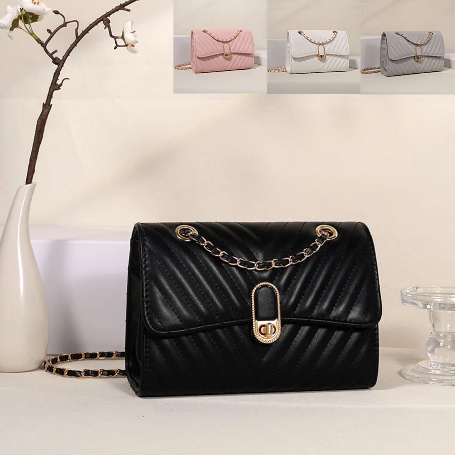 

Premium Solid Color Shoulder bags V-line Striped Chain Dating Ladies Crossbody Bags Women Bag Purse