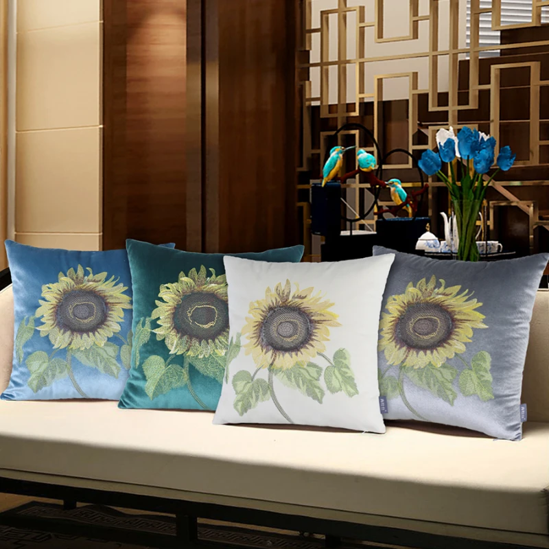 

Chinese Style Pillow Cover with Sunflower Embroidery Cushion Cover Home Decor Throw Pillow Covers