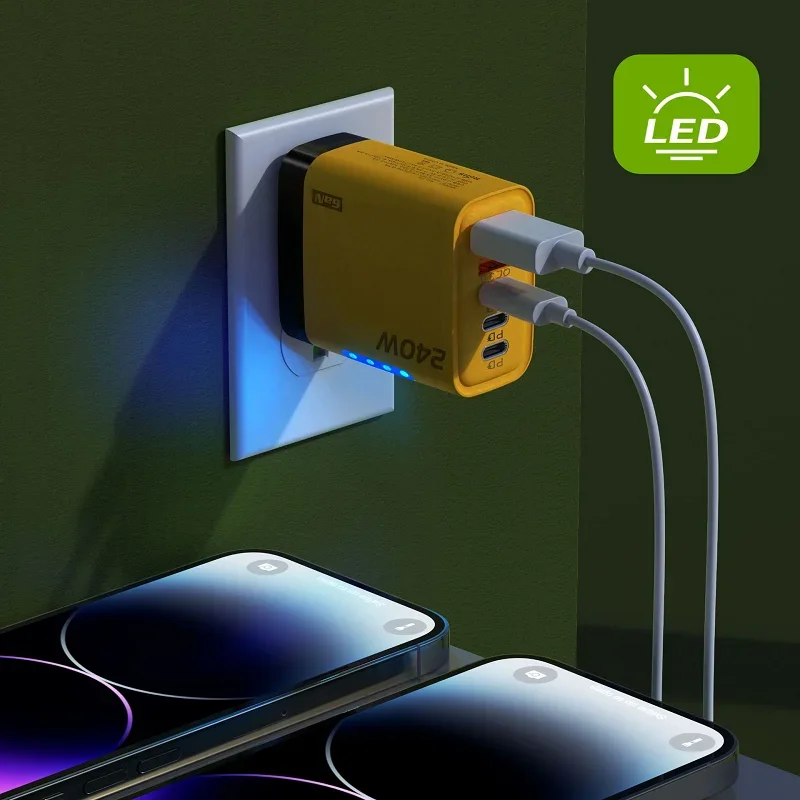 شاحن سريع Xiaomi 240W GaN مع ضوء LED 2USB + 3TypeC رأس شحن هاتف متعدد المنافذ لهاتف iPhone وسامسونج وشاومي/الكمبيوتر المحمول/الأجهزة اللوحية