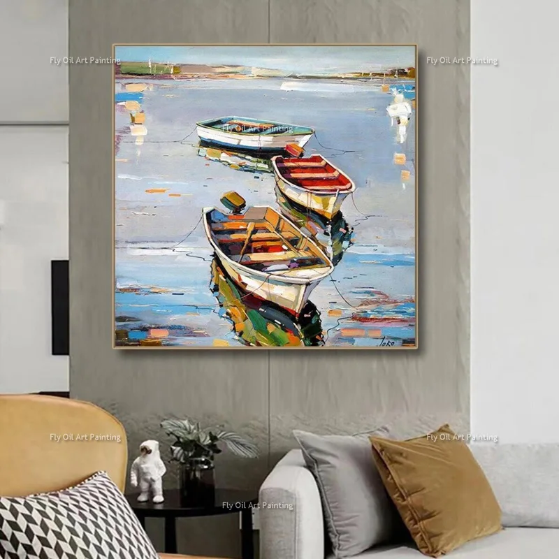 New Design Fishing Boats Docked On The Shore Blue Sea View Canvas Wall Art Handmade Simple Seascape Oil Painting For Wall Decor