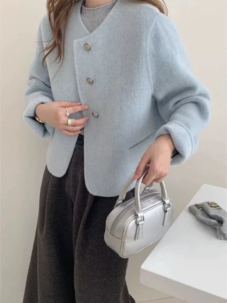 

2025 Elegant New Long Sleeve Jackets Korean Style O-neck Wool Short Coat Women Simple Casual All-match Black Tops Mujer