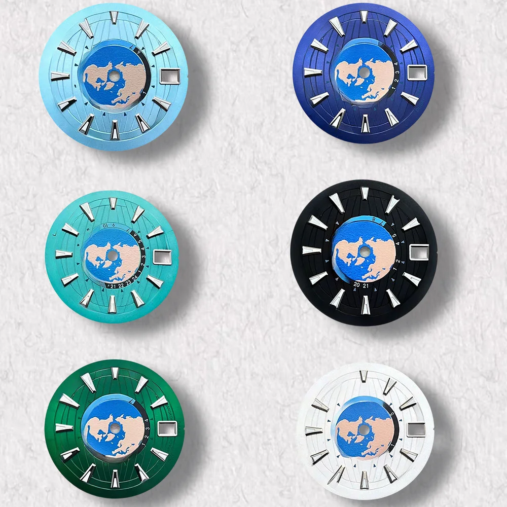 

High quality 28.5mm S Logo world map dial suitable for NH35/NH36/4R/7S Japanese automatic movement green luminous watch modifica