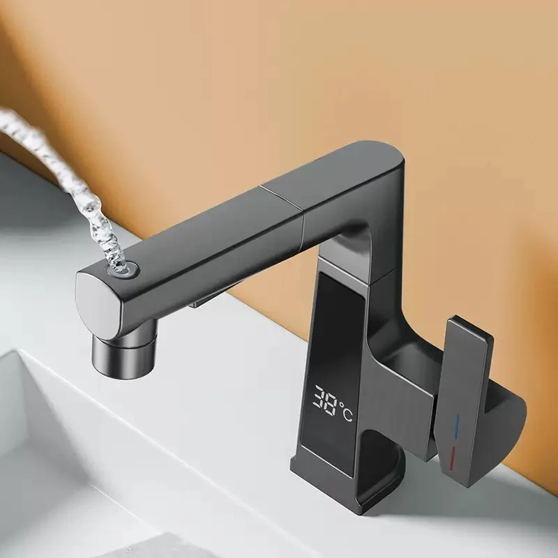 Digital Display Pulling Faucet Intelligent Temperature Sensor Brass Washbasin Taps Rotating Lifting Cold and Hot Water Mixer Tap