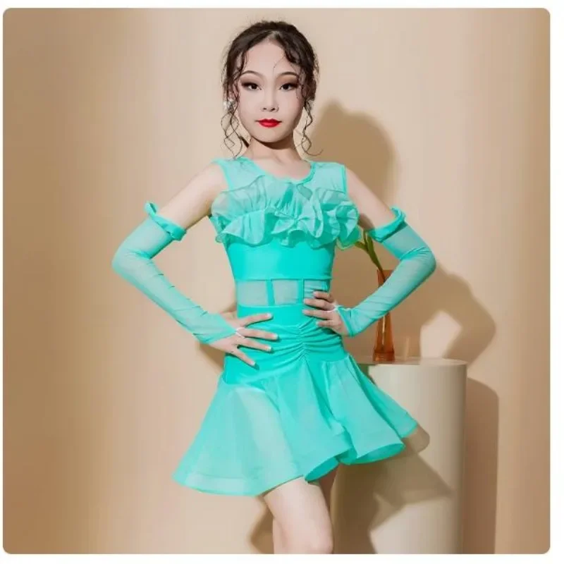 เต้นรําละตินเครื่องแต่งกายสําหรับฤดูใบไม้ผลิและสาวฤดูร้อนเด็กการฝึกอบรมเครื่องแต่งกายเครื่องแต่งกายประสิทธิภาพใหม่ 2024 ลูกไม้กระโปรงขนาดใหญ่