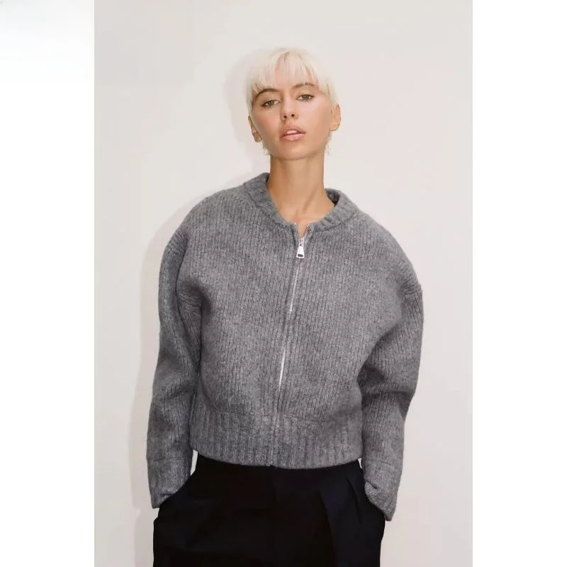 

New Women's Zipper Knitted Pilot Jaet Open Cardigan Sweater Regular Sve Long Double Zipper Korean Sle Commute Pure Color