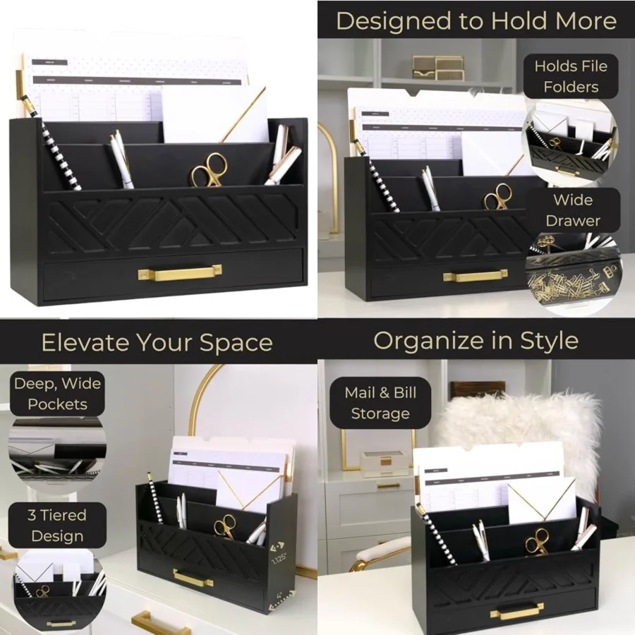 

Wooden Mail Organizer with Drawer and Gold Handle Mail Sorter Organizer Countertop for Desk Outgoing Mail Holder and Letter Sor