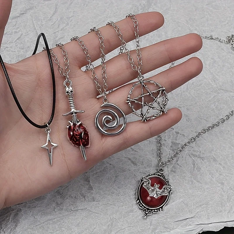 5-piece Gothic necklace set with four pointed star red heart dagger, spiral five pointed star bat pendant, silver chain jewelry