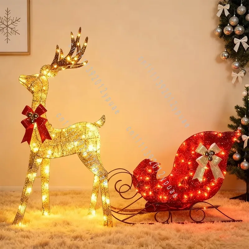 Wrought Iron Reindeer Sleigh Ornament, Outdoor Waterproof Christmas Craft for Commercial Venue