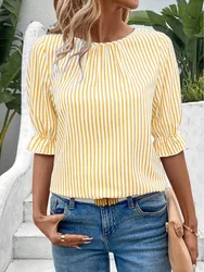 Women's Blouses Summer New Fashion Blue Striped Button Folds O Neck Short Sleeve Pullover Tops Elegant Casual Shirts For Women