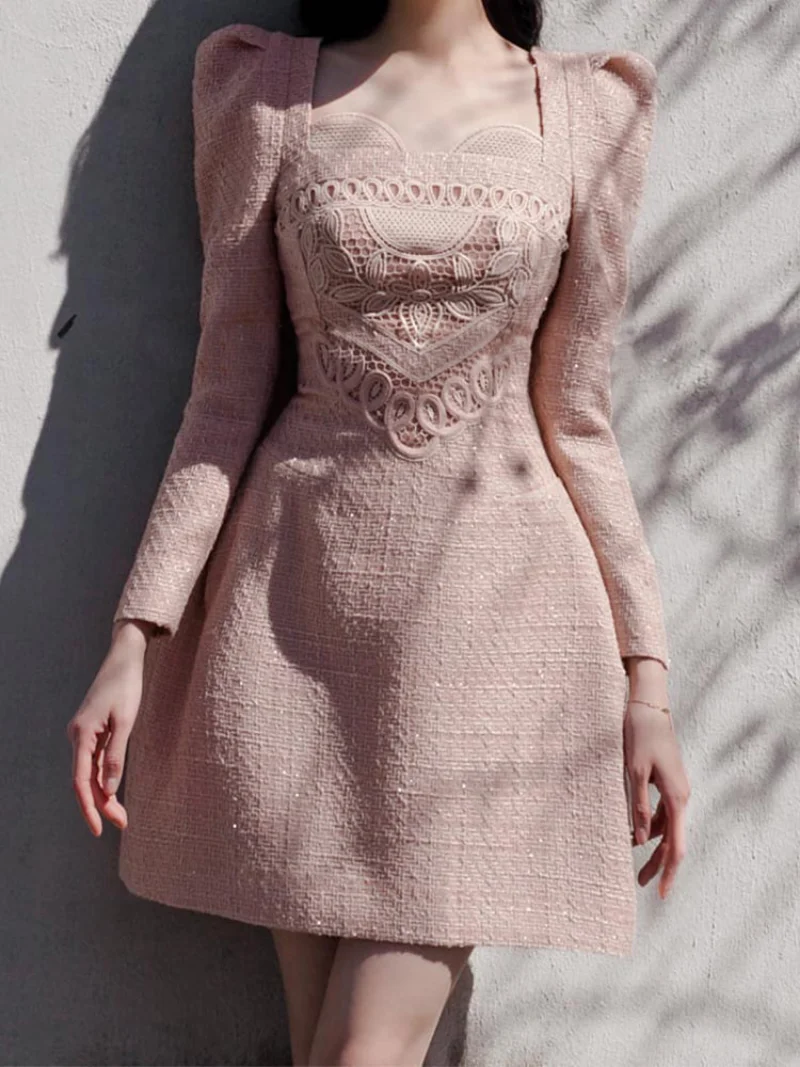 فستان نسائي للحفلات الراقصة على الطراز الفرنسي ، للسيدات أنيق ، بأكمام طويلة ، مطرز ، نحيف ، تنورة قصيرة ، فساتين حفلات سهرة نسائية #4