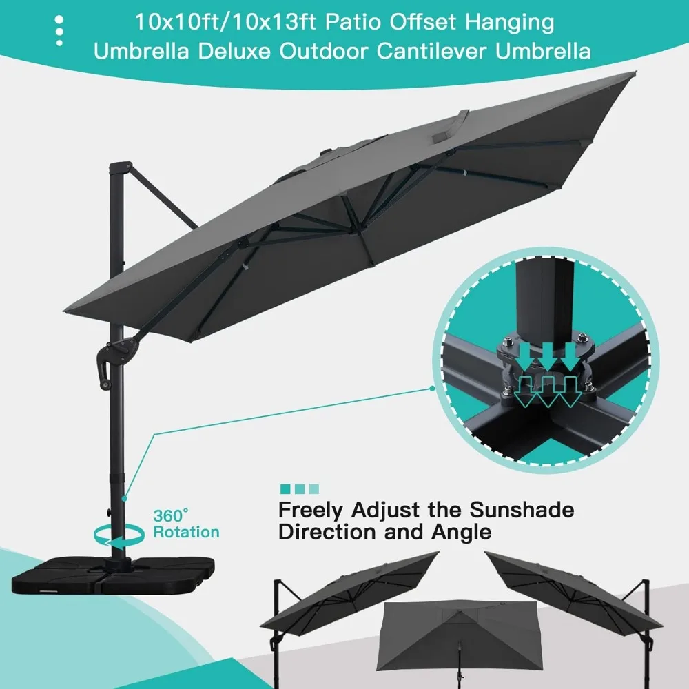 10x13Ft Cantilever Patio Umbrella Rectangular Deluxe Offset Umbrella 360°Rotation & Integrated Tilting System Patio Hanging Umb