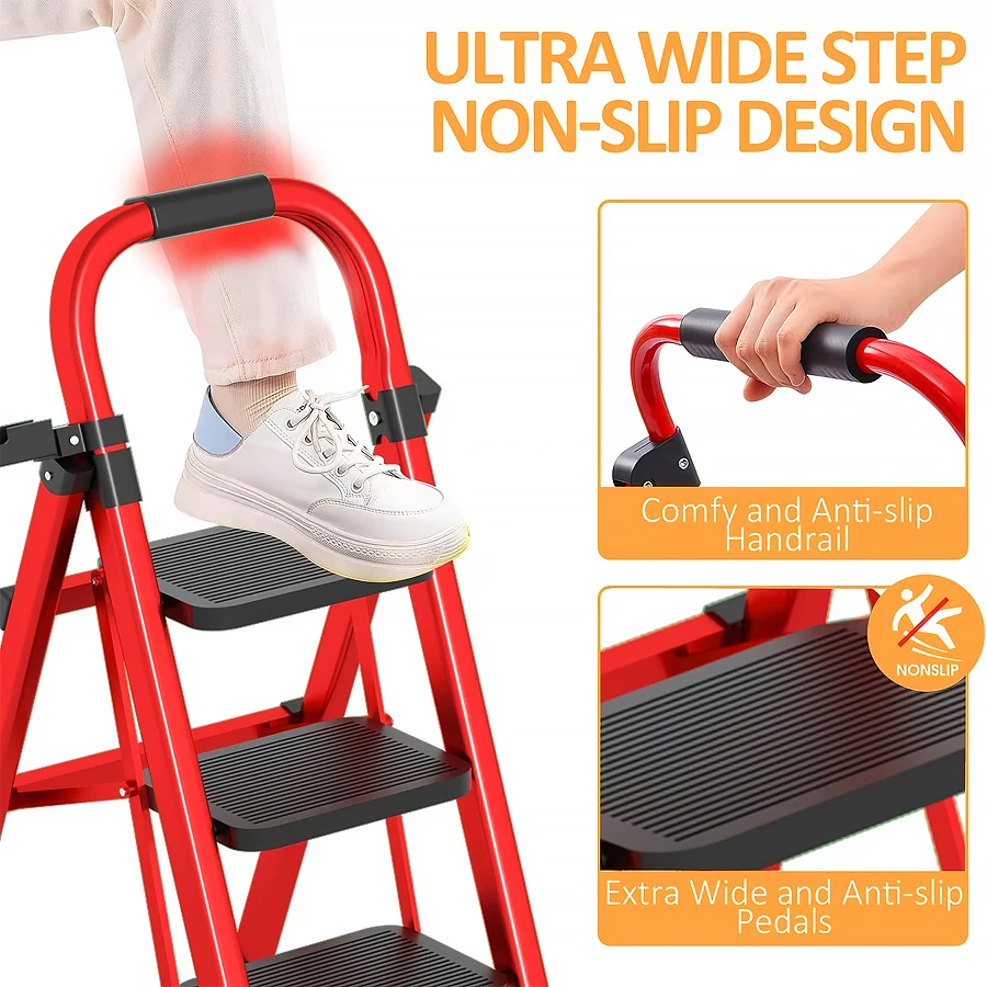 Multi-Functional & Durable Folding Ladder, Supports up to 800 lbs, Features Anti-Slip Extra-Wide Standing Platform, Safety Handrails, Lock System & Tool Hanger Design, Reinforced A-Frame Structure for Stable Use in Homes, Kitchens, Garages & Offices.
