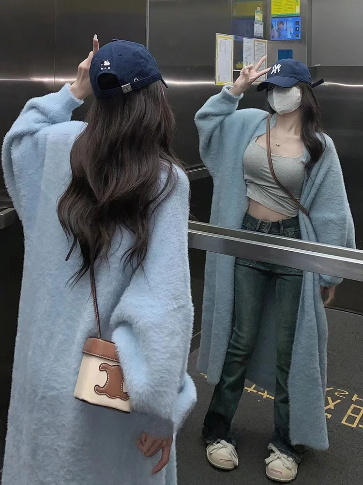 

Синий длинный вязаный кардиган-пальто женский, весенне-осенний, свободный, в корейском стиле, из плюшевого вельвета, однотонный, для повседневной носки