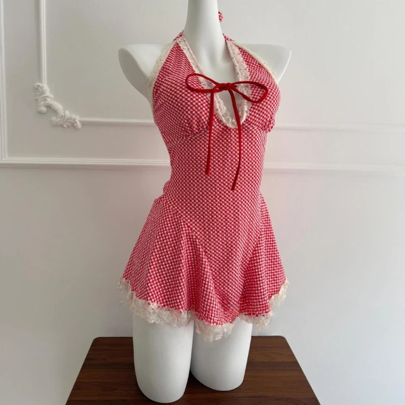 Retro Y2K Red Plaid One-piece Swimsuit Women Sexy Lace-up Halter Beach Dress Swimwear with Shorts Cute Bow Holiday Bathing Suit