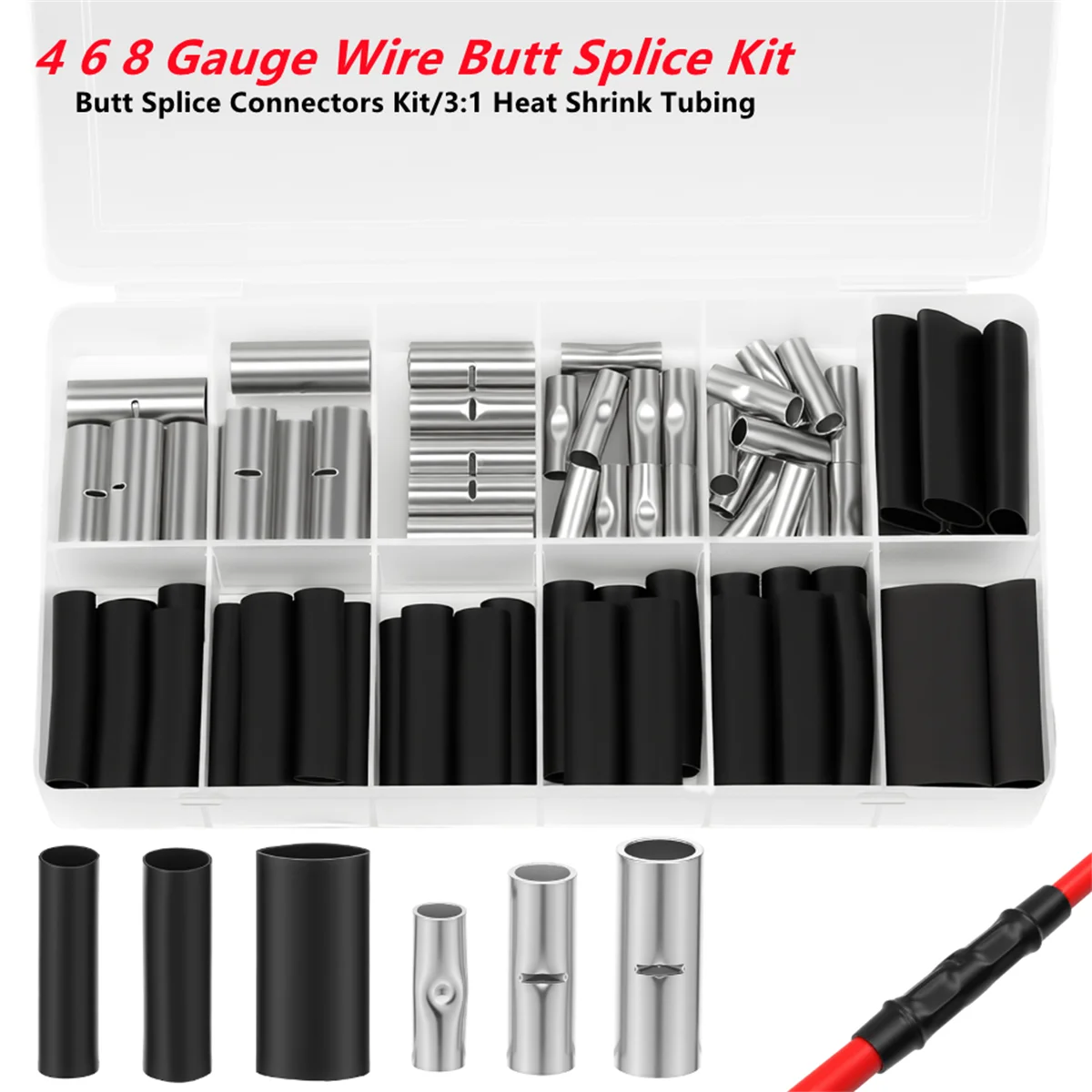 80Pcs 4 6 8 AWG Non Insulated Copper Butt Connectors Kit with 3:1 Adhesive Heat Shrink Tubing for Marine Automotive Wire Crimp