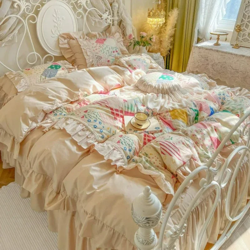 French Bedroom Classical Cream Style Bedding Four Piece Set Lotus Leaf Lace Duvet Cover Pure Cotton Bed Skirt Style Bedding
