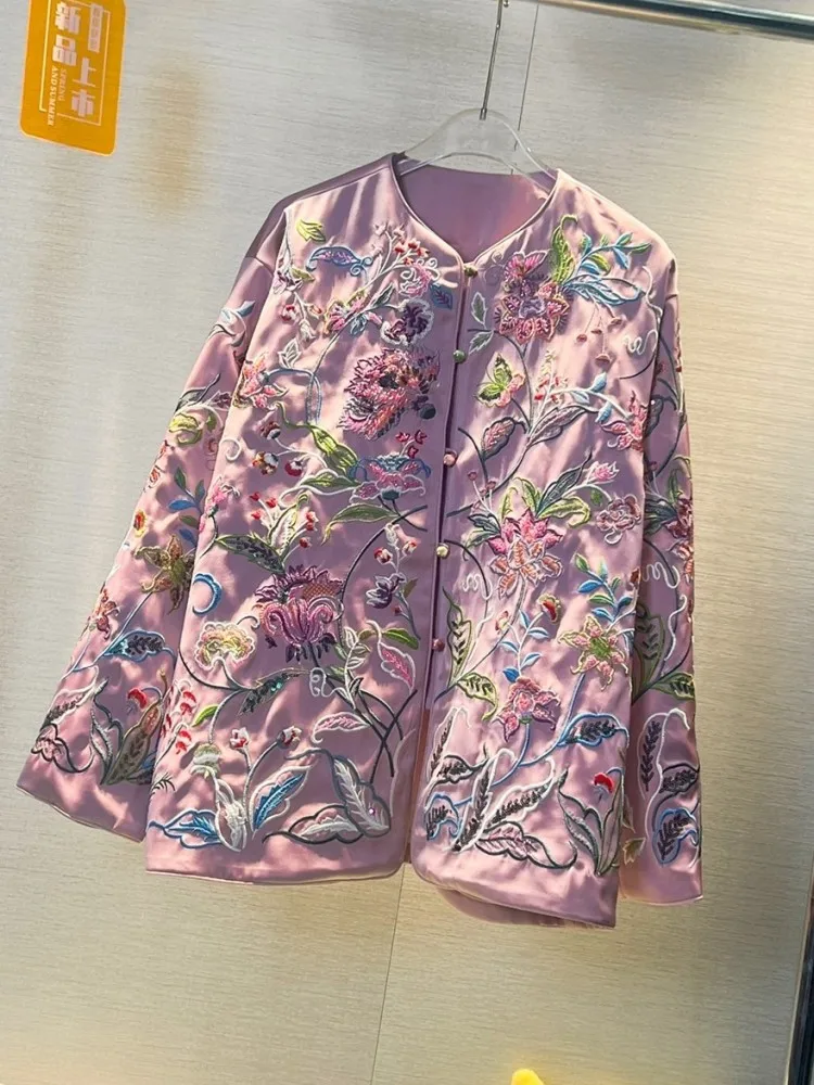 Vintage Flower Embroidery Beading Elegant Women Jacket Spring Long Sleeve Loose Fit Single Breasted Chinese Style Designer Coat