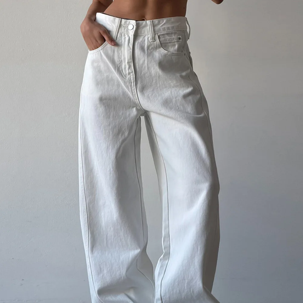 Loose Solid Color Jeans 2026 New Versatile Casual Commuting Wide-leg White Denim Trousers