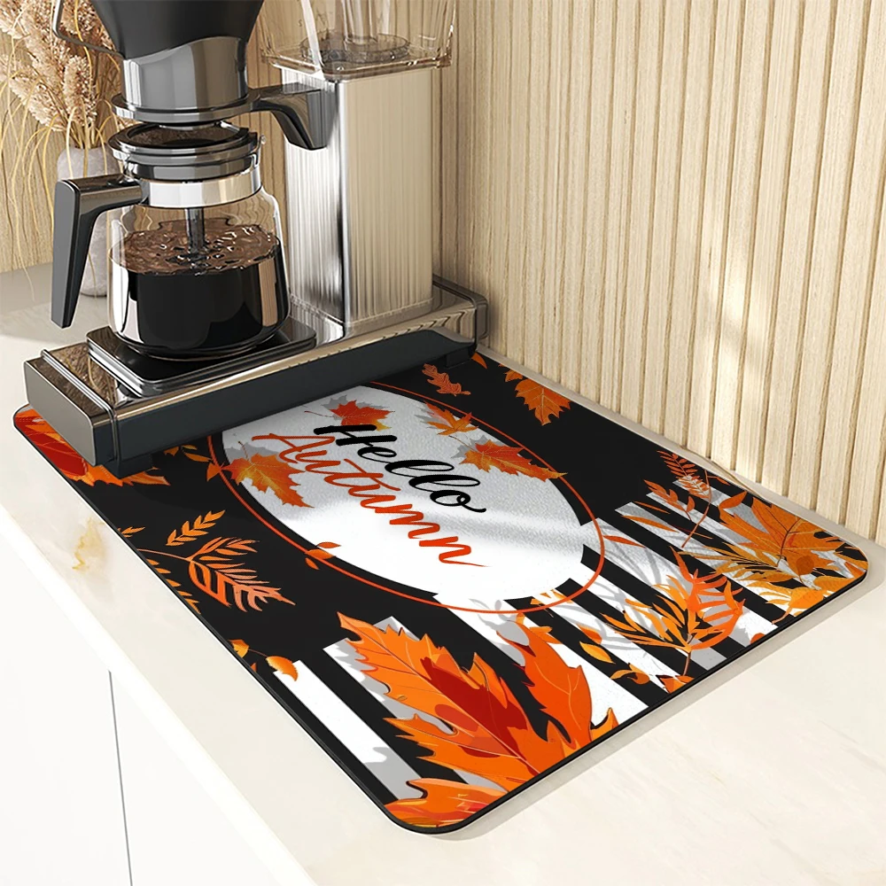 Large Kitchen Absorbent Mat Autumn Line Letters Antiskid Draining Coffee Dish Drying Mat Quick  Bathroom Drain Pad Tableware Mat