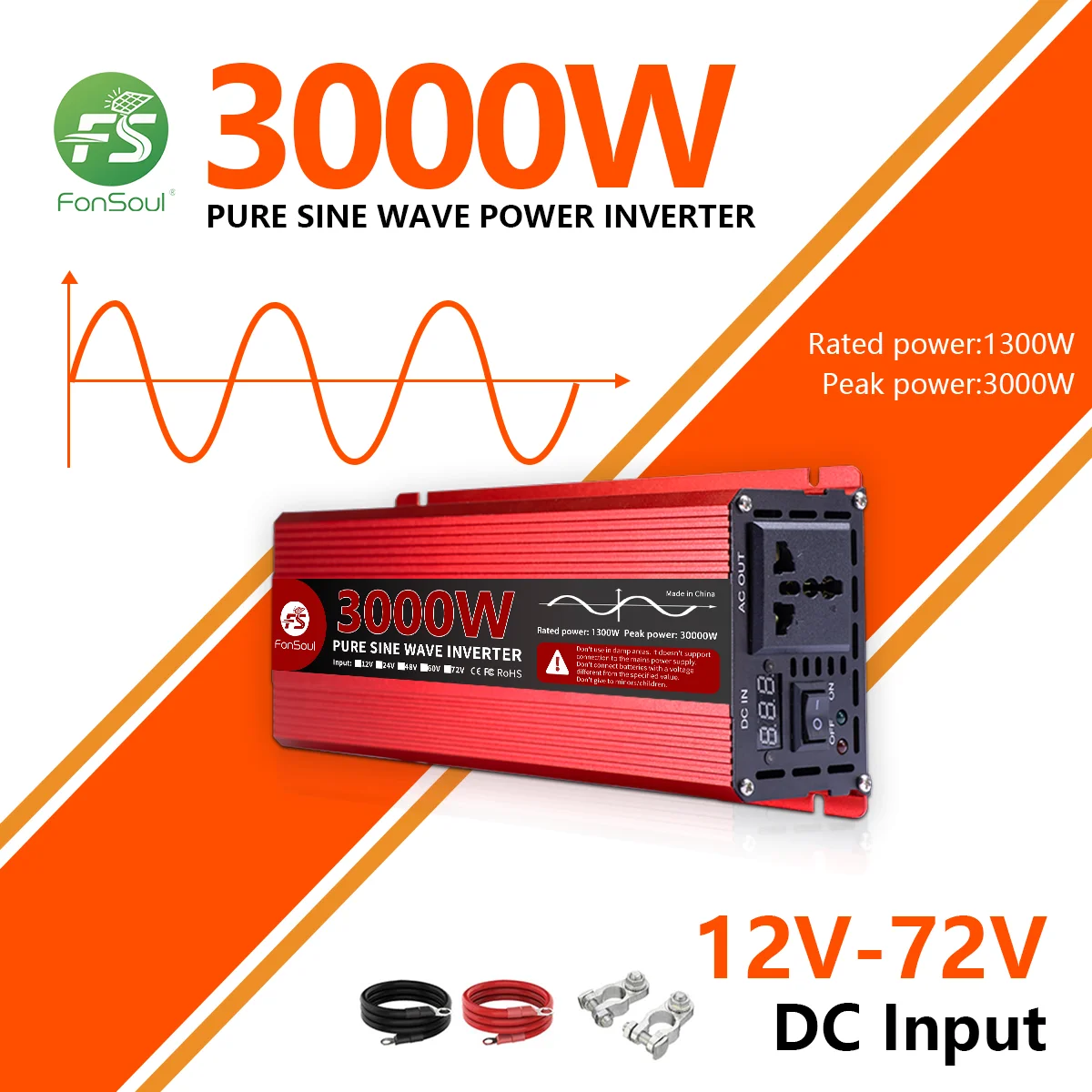 FonSoul 3000W Peak Pure Sine Wave Inverter 1300W Rated, 12V DC to 110/220V AC, 90% Efficiency, Smart LCD, for RV, Camping