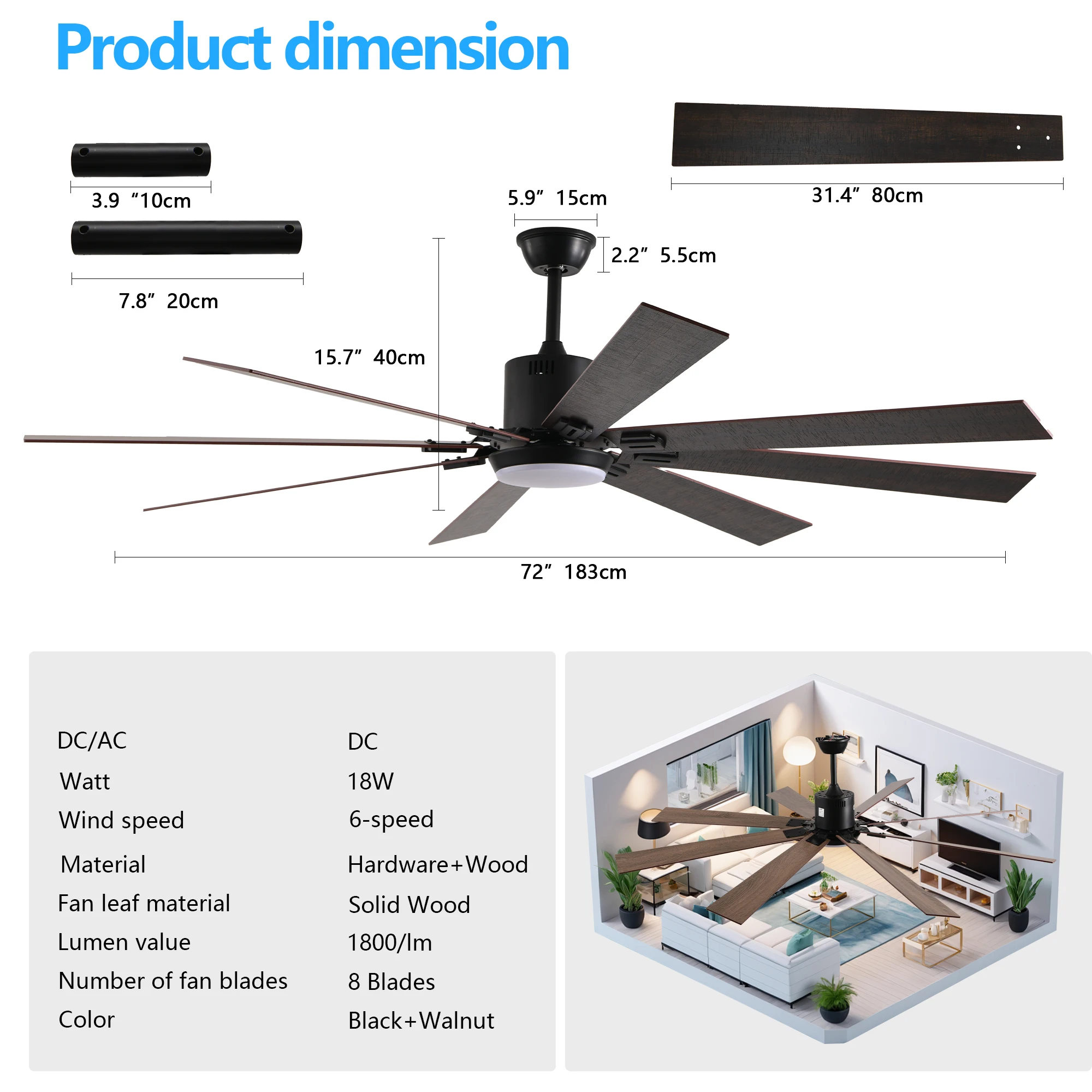 72 Inch Walnut LED Ceiling Fan Light with 8 Wooden Blades Remote Control Adjustable Color Temperature for Living Room Bedroom