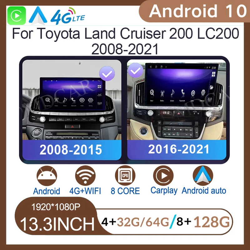 For TOYOTA Land Cruiser 200 LC200 2008-2021 13.3 Android 10 Car Multimedia DVD Stereo Radio Player GPS Navigation CarPlay Auto