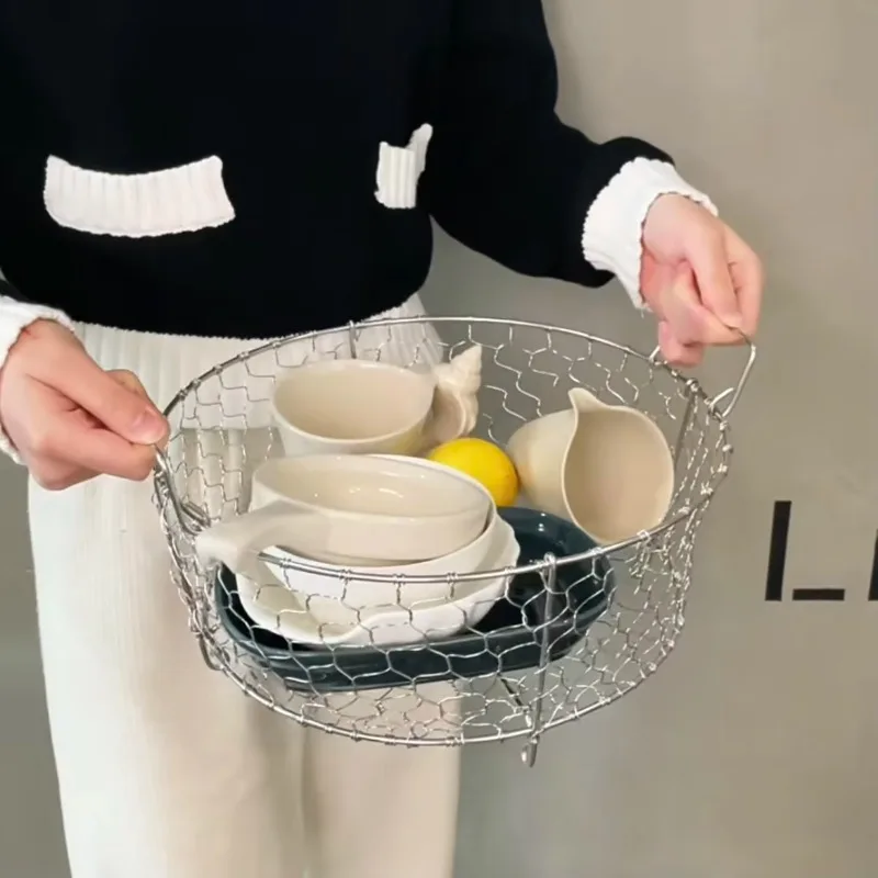 304 Stainless Steel Woven Draining Basket, Kitchen Fruit Plate Utensil Storage Organizer for Household