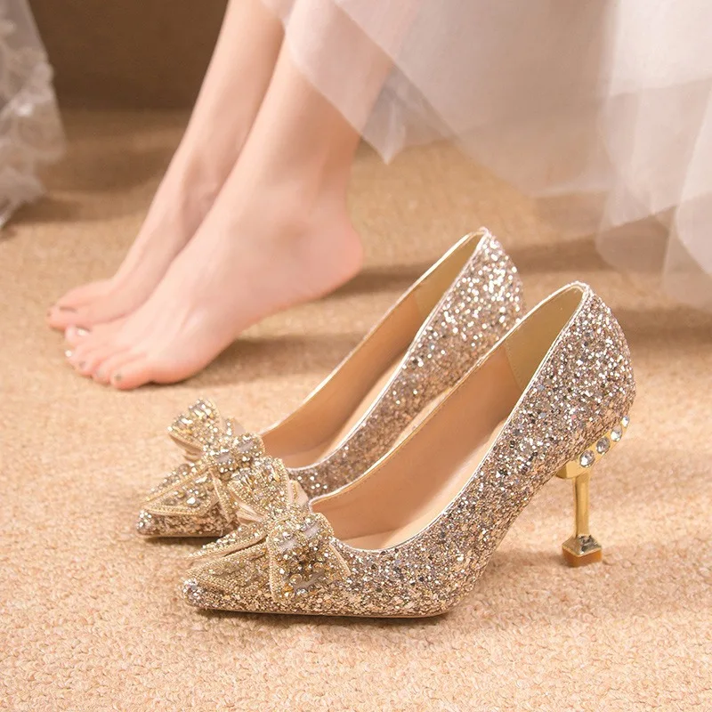 Women\'s Rhinestone Wedding Shoes New Year Shoes Luxury Buckle Decorative Banquet Women\'s Shoes High Heels Gold Silver Red