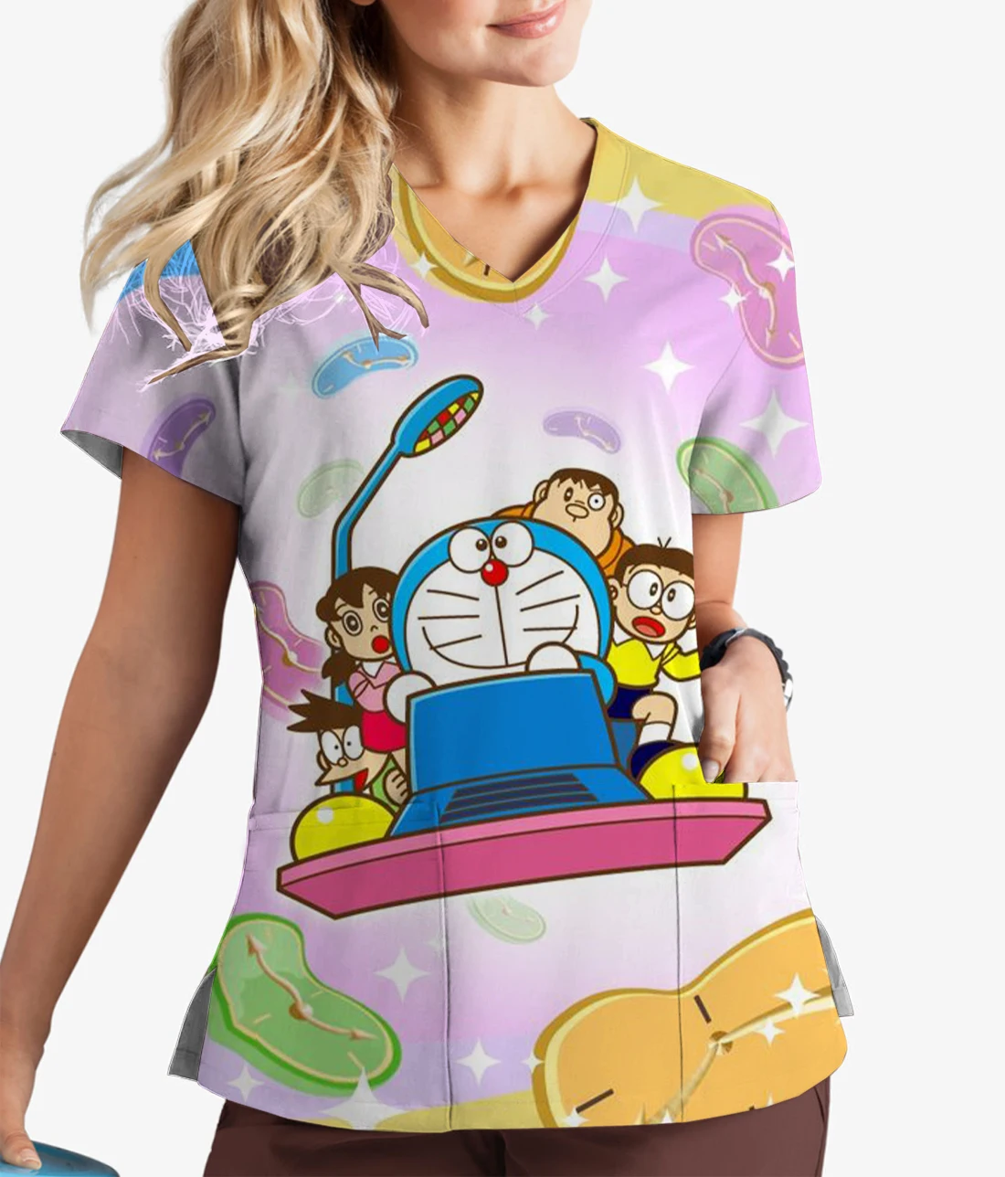 Healthcare Wear Nurse Uniform Pharmacist Dentist Veterinary Nurse Top Doraemon Print V-Neck Print Scrub Top