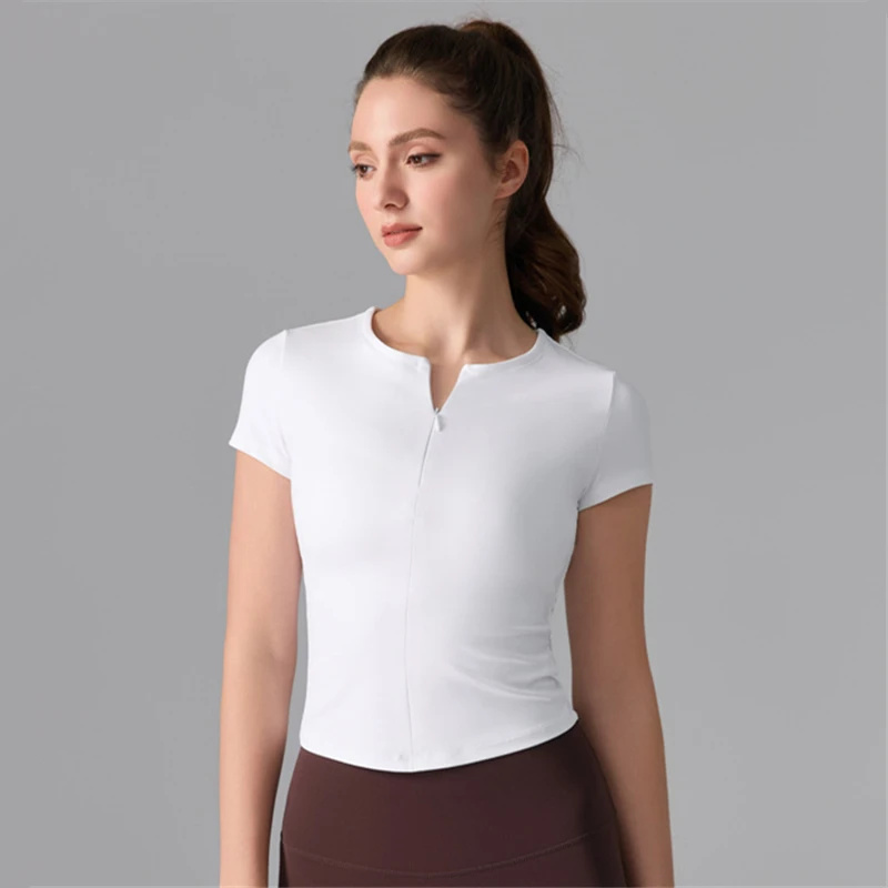 

Summer Yoga Shirts Women Zipper Collar Short Sleeves Sports T-Shirt Slim Running Shirt Breathable Gym Fitness Tops Blouse Female