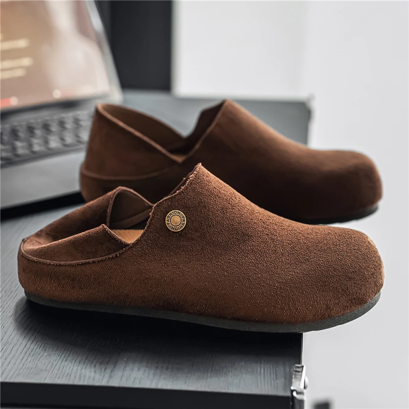 Suede Leather Half Shoes for Men Mules Semi-Drag Loafers Slippers Open-back Casual Shoes Slides Sandal Slip on Flats Women Clogs