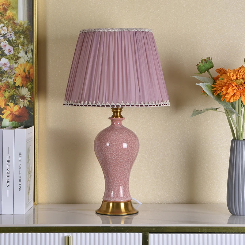 Pink Ceramic Table Lamp For Bedroom Girls' Room Bedside Lamp Home Decor Button Switch Jingdezhen Ceramic Ice Crack Table Lamp