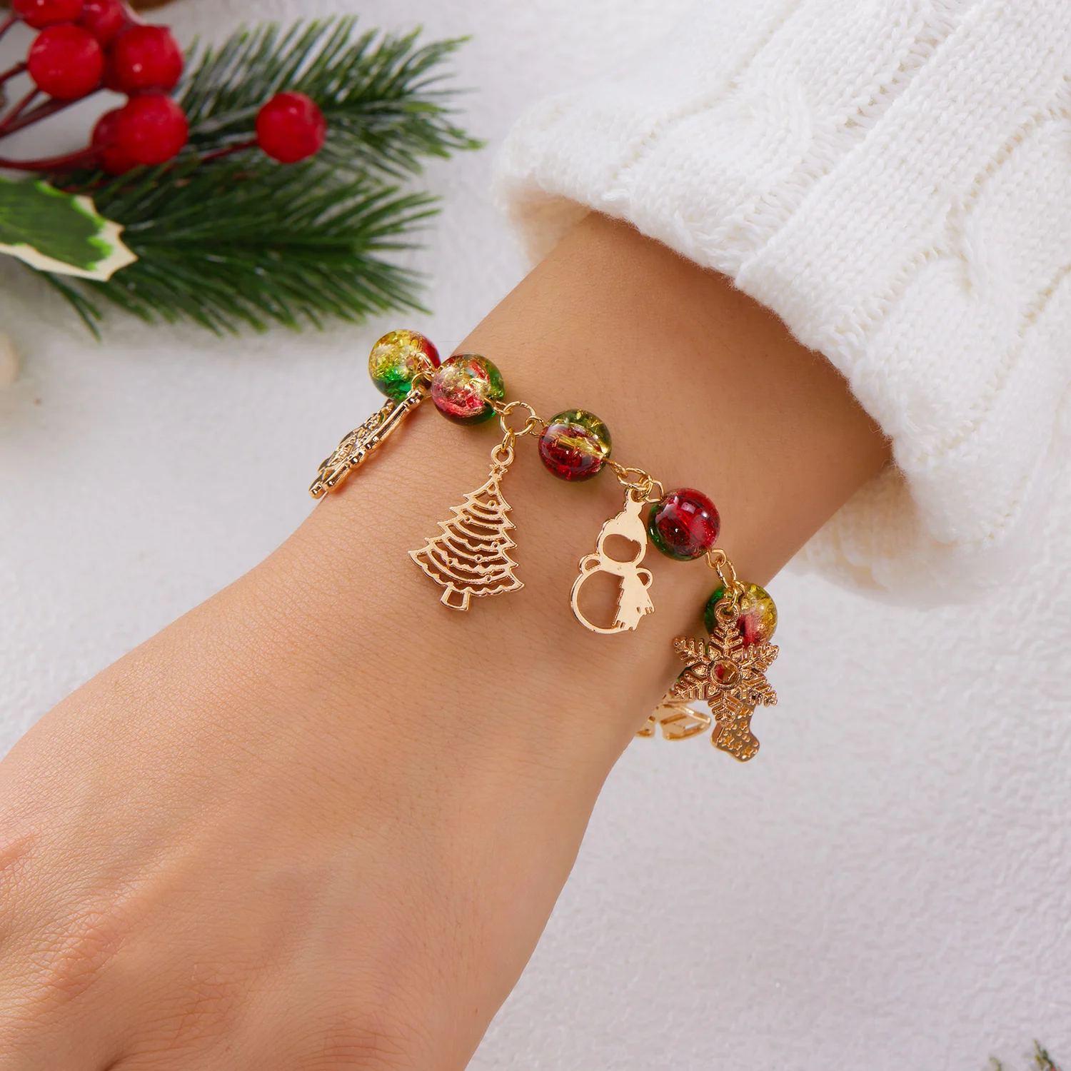 Christmas Multi Elements  Pendant Bracelets for Women Colorful Crystal Beads Elk Snowman Snowflake Santa Claus Bracelet Jewelry - Image 3
