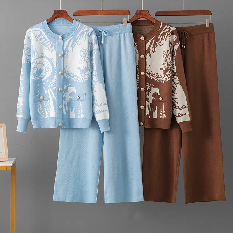 

New Woolen Women's Suit Jacquard Cardigan Single Breasted Sweater Casual Sports Wide Leg Pants Two-piece Set