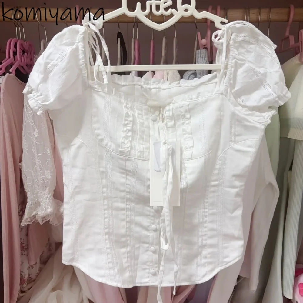 

Square Collar Lace Up Bow 2025 Blusas Mujer Short Puff Sleeve Shirts & Blouses Japanese Woman Clothing Camisas Sweet Ropa