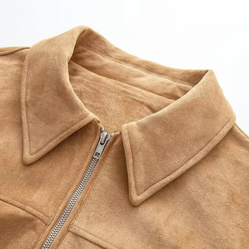 

Модное короткое пальто 2025 года, верхняя одежда на молнии с длинными рукавами и отложным воротником, уличная одежда, женские свободные повседневные топы, женские замшевые куртки