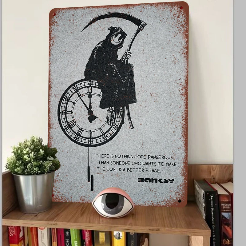 Banksy Reaper Clock Metal Wall Art Gothic Home Decor Vintage Style Iron Painting