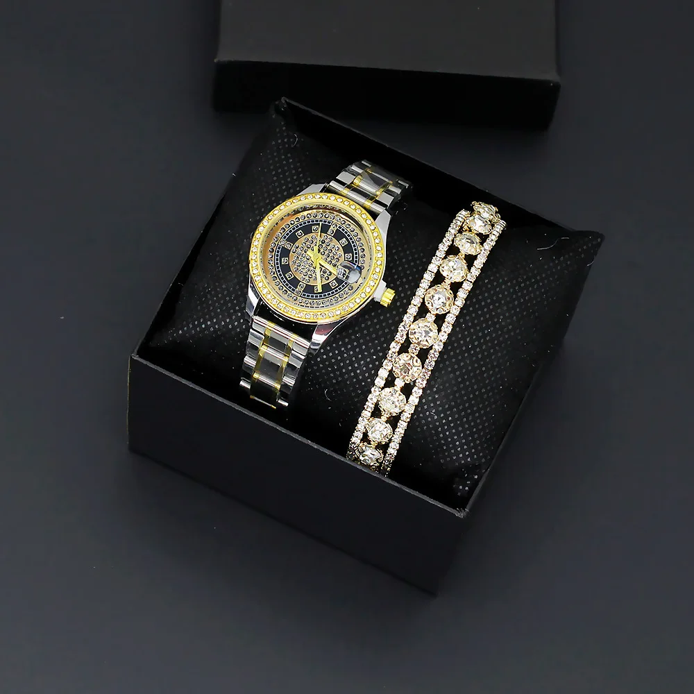 2PCS Set Luxury Rhinestone Watches Women Crystal Quartz Bracelet Watches Wristwatch Ladies Dress Wristwatch Clock Relogio + Box