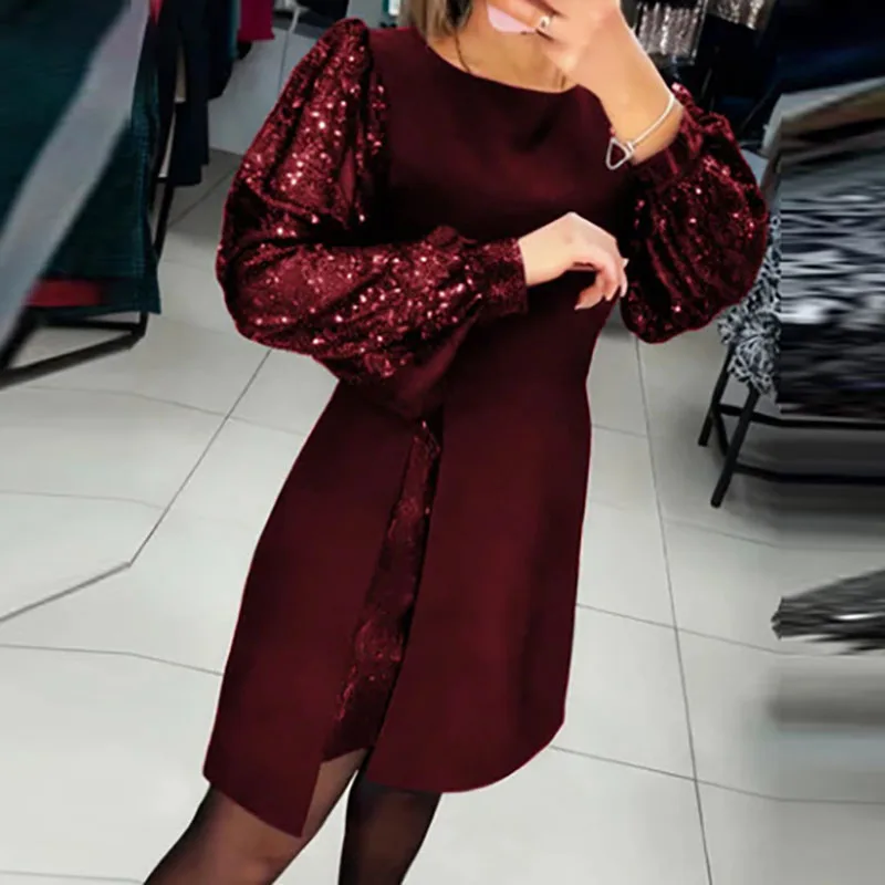 ชุดเดรสผู้หญิงสไตล์เซ็กซี่ประดับเลื่อมแบบปะติดปะต่อสำหรับงานกลางคืน ฤดูใบไม้ผลิ 2026 แฟชั่นคอทรงโอ ผ่าข้าง ทรงเอไลน์ มินิเดรส แขนยาวพองสไตล์โบฮีเมียนสำหรับฤดูใบไม้ร่วง