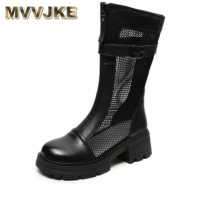 

Летние полые сапоги из натуральной кожи с сеткой, дышащие универсальные сандалии на толстом каблуке