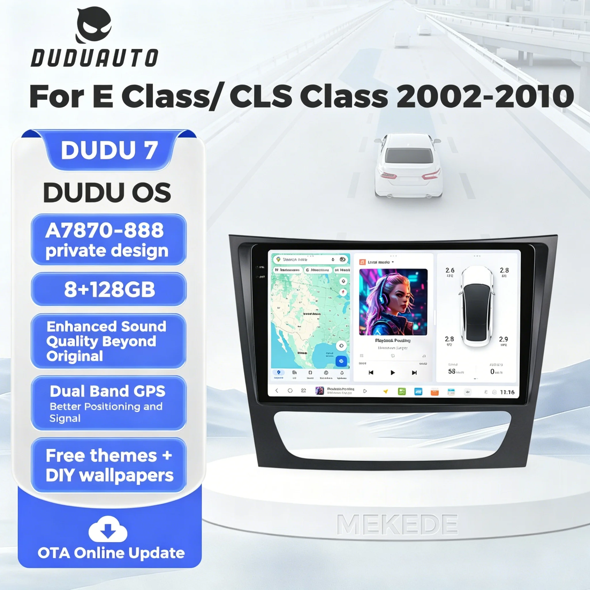 Stock UE DUDUAUTO DUDU7 Écran 2K Autoradio Lecteur Multimédia pour Mercedes-Benz Classe E W211 E200 E220 E300 E350 E240 E280 CLS Prise en charge du CarPlay sans fil Android Auto DSP 4G LTE WIFI Système Automobile Intelligent
