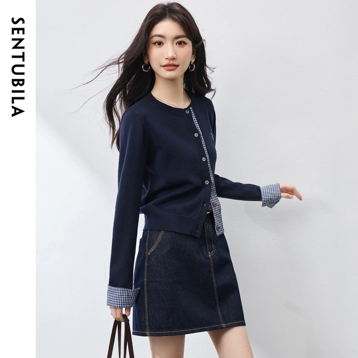 SENTUBILA Patchwork 2 in 1 Cardigan for Women 2025 Autumn Commuting Contrast Color Long Sleeve Knitwear Ladies Tops W53H80430
