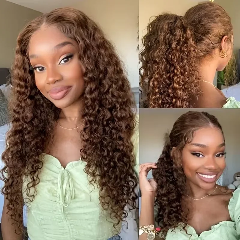 360 Full Lace Wig Invisible Drawstring Glueless Wig Chocolate Brown Curly Human Hair 220 Density Brazilian Brown Colored Wigs 32 Inch