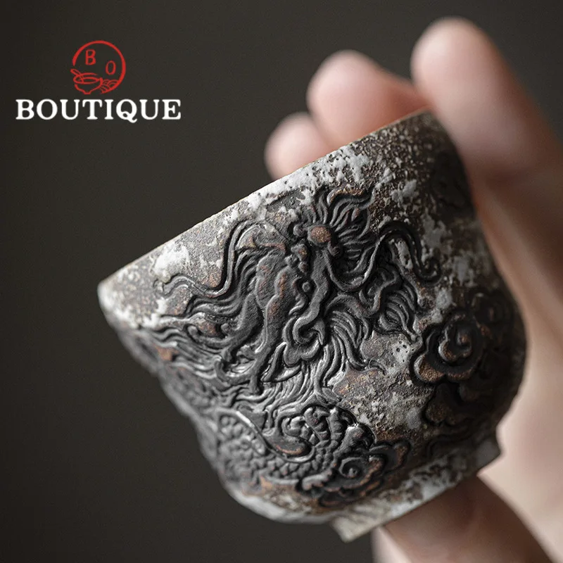 60ml Handmade Relief Ink Dragon Ceramic Tea Cup Creative Gourd Master Cup Japanese Small Master Cup Kung Fu Teaset Utensil Gift